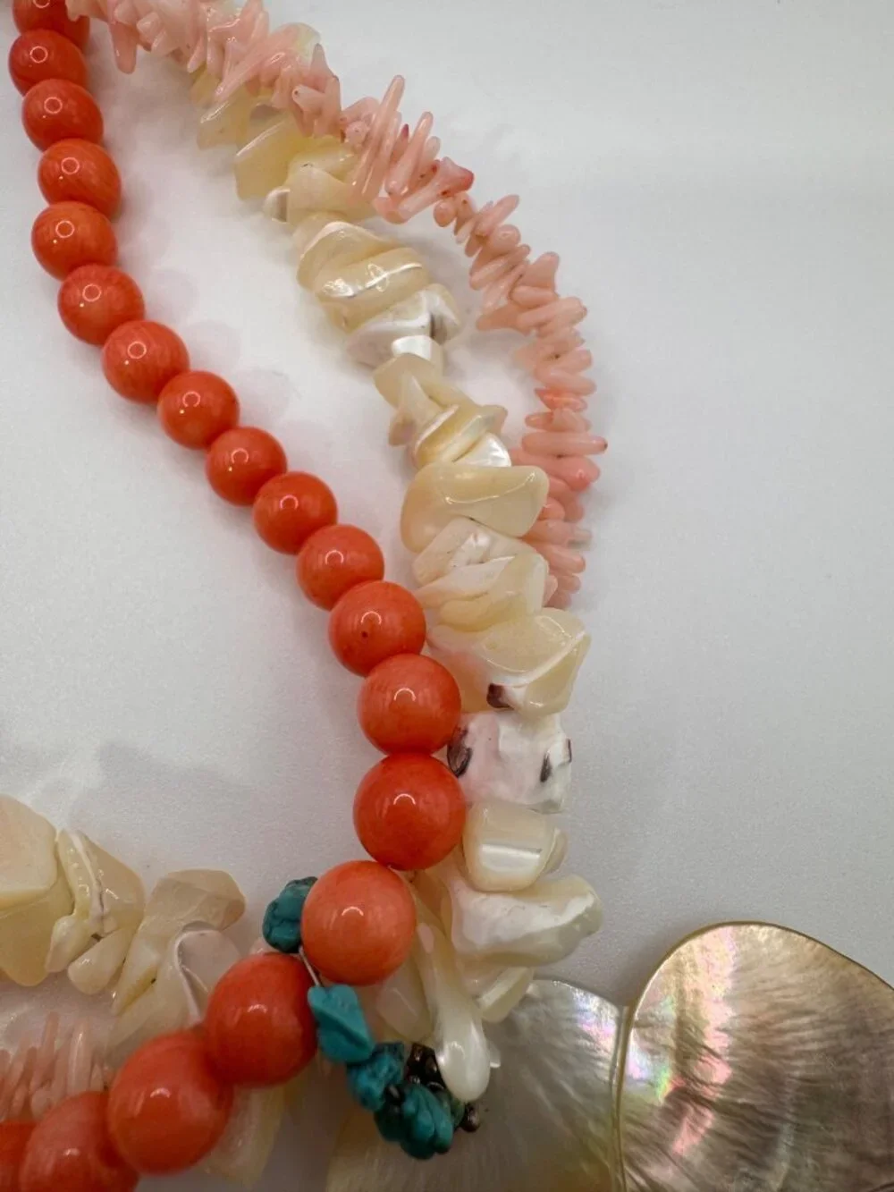 Vintage Coral Bead Multi Strand Necklace 925 Sterling MOP Shell Pendant Chunky - Picture 5 of 14